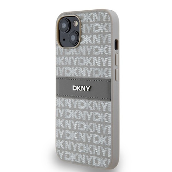 Husa iPhone 15 - DKNY Leather Mono Stripe & Metal Logo (DKHCP14SPRTHSLE) - Beige