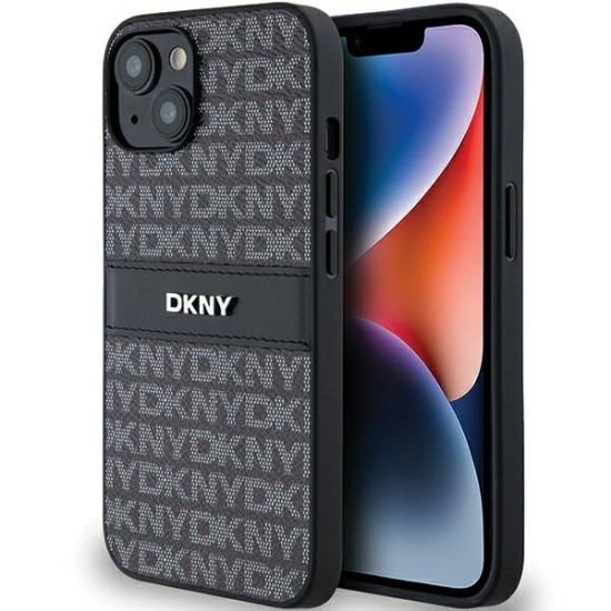 Husa iPhone 15 - DKNY Leather Mono Stripe & Metal Logo (DKHCP14SPRTHSLK) - Black