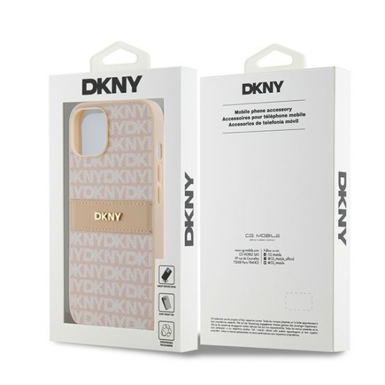 Husa iPhone 15 - DKNY Leather Mono Stripe & Metal Logo (DKHCP14SPRTHSLP) - Pink