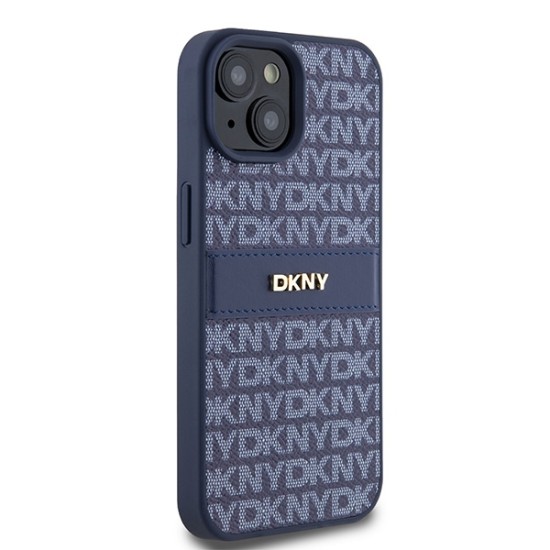 Husa iPhone 15 - DKNY Leather Mono Stripe & Metal Logo (DKHCP15SPRTHSLB) - Blue