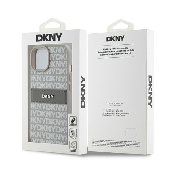 Husa iPhone 15 - DKNY Leather Mono Stripe & Metal Logo (DKHCP15SPRTHSLE) - Beige