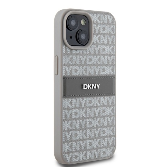 Husa iPhone 15 - DKNY Leather Mono Stripe & Metal Logo (DKHCP15SPRTHSLE) - Beige