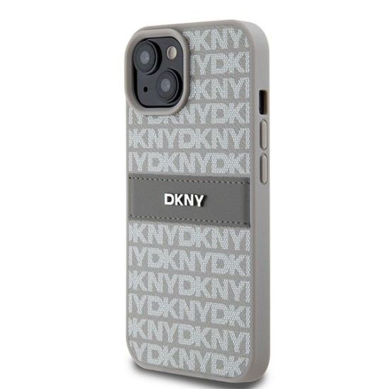 Husa iPhone 15 - DKNY Leather Mono Stripe & Metal Logo (DKHCP15SPRTHSLE) - Beige