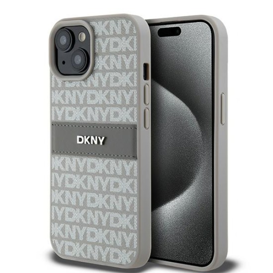 Husa iPhone 15 - DKNY Leather Mono Stripe & Metal Logo (DKHCP15SPRTHSLE) - Beige