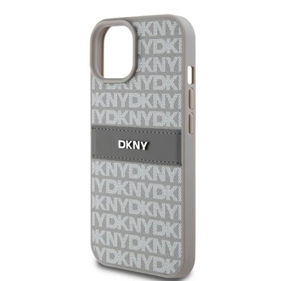 Husa iPhone 15 - DKNY Leather Mono Stripe & Metal Logo (DKHCP15SPRTHSLE) - Beige