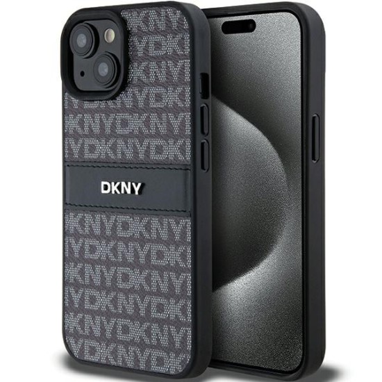 Husa iPhone 15 - DKNY Leather Mono Stripe & Metal Logo (DKHCP15SPRTHSLK) - Black