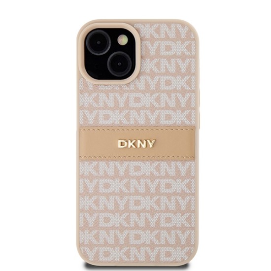 Husa iPhone 15 - DKNY Leather Mono Stripe & Metal Logo (DKHCP15SPRTHSLP) - Pink