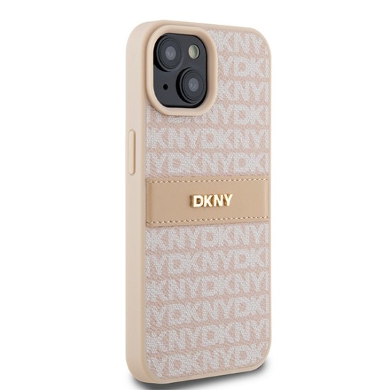 Husa iPhone 15 - DKNY Leather Mono Stripe & Metal Logo (DKHCP15SPRTHSLP) - Pink