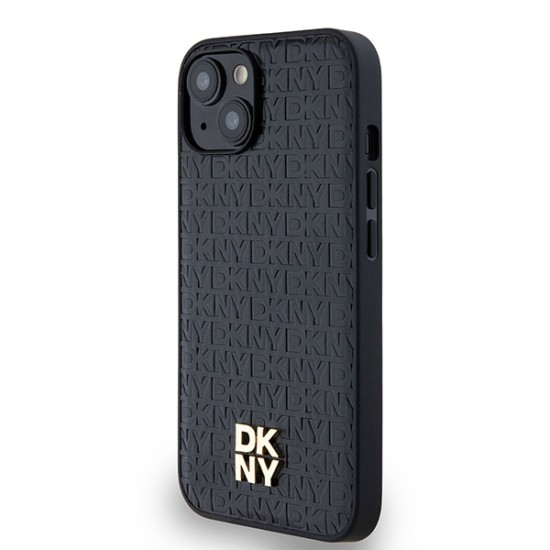 Husa iPhone 15 - DKNY Leather Monogram Pattern Metal Logo MagSafe (DKHMP14SPSHRPSK) - Black