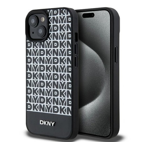 Husa iPhone 15 - DKNY Leather Printed Pattern Metal Logo MagSafe (DKHMP15SPSOSPK) - Black