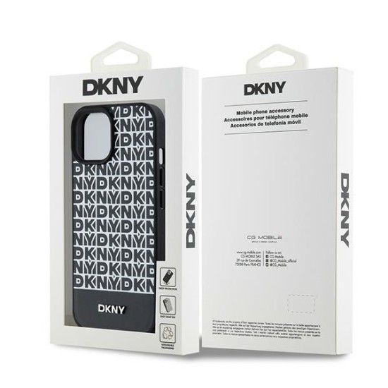 Husa iPhone 15 - DKNY Leather Printed Pattern Metal Logo MagSafe (DKHMP15SPSOSPK) - Black