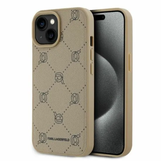 Husa iPhone 15 - Karl Lagerfeld Leather MagSafe (KLHMP15SPGKHPHE) - Beige Karl Head Husa iPhone 15 - Karl Lagerfeld Leather MagSafe (KLHMP15SPGKHPHE) - Beige Karl Head