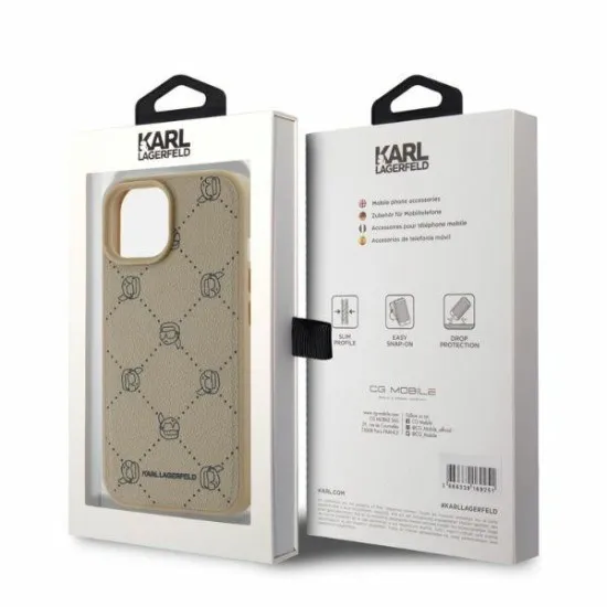 Husa iPhone 15 - Karl Lagerfeld Leather MagSafe (KLHMP15SPGKHPHE) - Beige Karl Head Husa iPhone 15 - Karl Lagerfeld Leather MagSafe (KLHMP15SPGKHPHE) - Beige Karl Head
