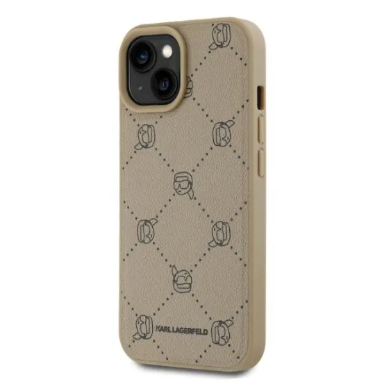 Husa iPhone 15 - Karl Lagerfeld Leather MagSafe (KLHMP15SPGKHPHE) - Beige Karl Head Husa iPhone 15 - Karl Lagerfeld Leather MagSafe (KLHMP15SPGKHPHE) - Beige Karl Head