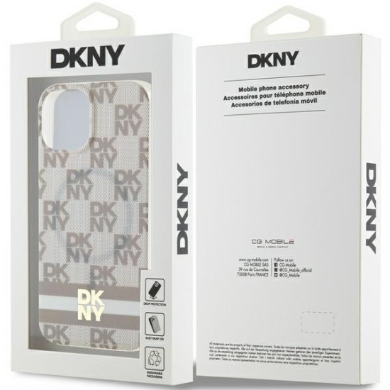 Husa iPhone 15 Plus - DKNY IML Checkered Mono Pattern & Printed Stripes MagSafe (DKHMP15MHCPTSE) - Beige