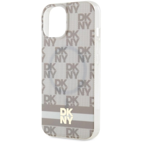 Husa iPhone 15 Plus - DKNY IML Checkered Mono Pattern & Printed Stripes MagSafe (DKHMP15MHCPTSE) - Beige