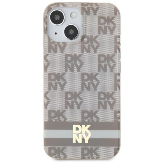 Husa iPhone 15 Plus - DKNY IML Checkered Mono Pattern & Printed Stripes MagSafe (DKHMP15MHCPTSE) - Beige