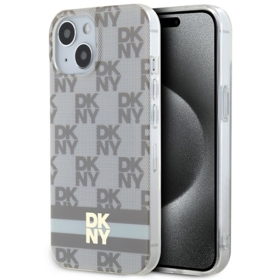 Husa iPhone 15 Plus - DKNY IML Checkered Mono Pattern & Printed Stripes MagSafe (DKHMP15MHCPTSE) - Beige