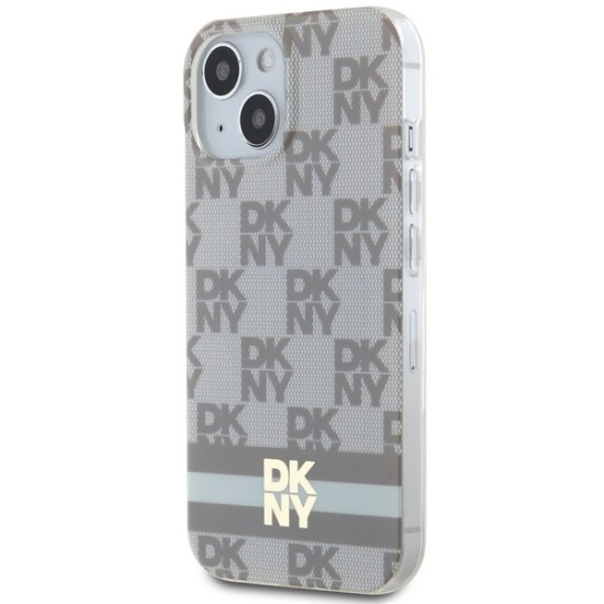 Husa iPhone 15 Plus - DKNY IML Checkered Mono Pattern & Printed Stripes MagSafe (DKHMP15MHCPTSE) - Beige