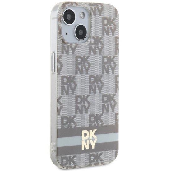 Husa iPhone 15 Plus - DKNY IML Checkered Mono Pattern & Printed Stripes MagSafe (DKHMP15MHCPTSE) - Beige