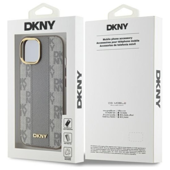 Husa iPhone 15 Plus - DKNY Leather Checkered Mono Pattern MagSafe (DKHMP15MPCPVSLE) - Beige