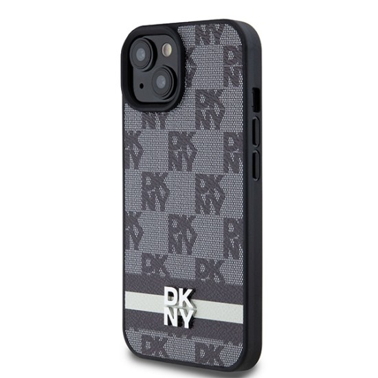 Husa iPhone 15 Plus - DKNY Leather Checkered Mono Pattern & Printed Stripes (DKHCP15MPCPTSSK) - Black