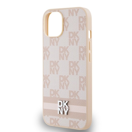 Husa iPhone 15 Plus - DKNY Leather Checkered Mono Pattern & Printed Stripes (DKHCP15MPCPTSSP) - Pink