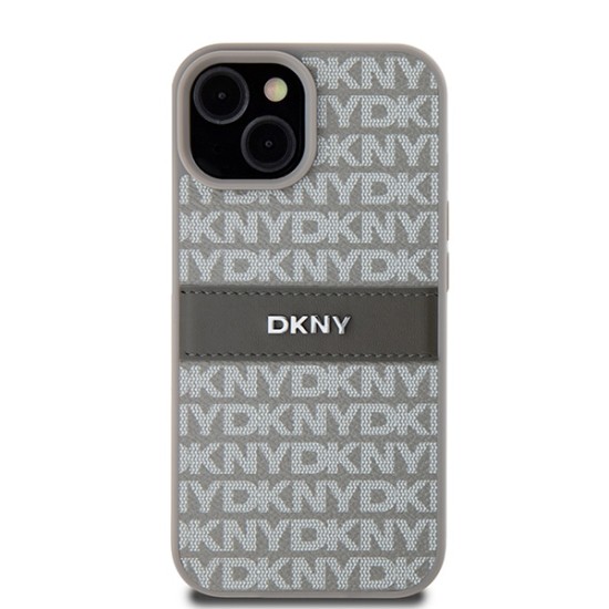 Husa iPhone 15 Plus - DKNY Leather Mono Stripe & Metal Logo (DKHCP15MPRTHSLE) - Beige