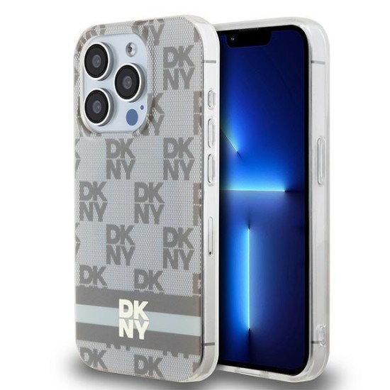 Husa iPhone 15 Pro - DKNY IML Checkered Mono Pattern & Printed Stripes MagSafe (DKHMP15LHCPTSE) - Beige