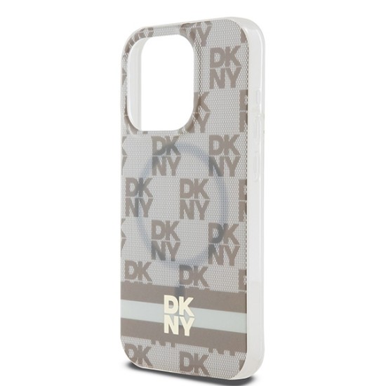 Husa iPhone 15 Pro - DKNY IML Checkered Mono Pattern & Printed Stripes MagSafe (DKHMP15LHCPTSE) - Beige