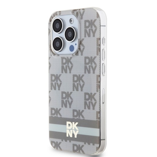 Husa iPhone 15 Pro - DKNY IML Checkered Mono Pattern & Printed Stripes MagSafe (DKHMP15LHCPTSE) - Beige