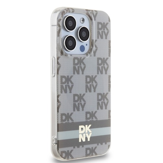 Husa iPhone 15 Pro - DKNY IML Checkered Mono Pattern & Printed Stripes MagSafe (DKHMP15LHCPTSE) - Beige