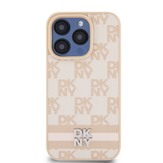 Husa iPhone 15 Pro - DKNY Leather Checkered Mono Pattern & Printed Stripes (DKHCP15LPCPTSSP) - Pink