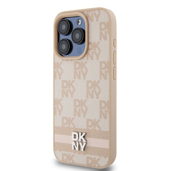 Husa iPhone 15 Pro - DKNY Leather Checkered Mono Pattern & Printed Stripes (DKHCP15LPCPTSSP) - Pink