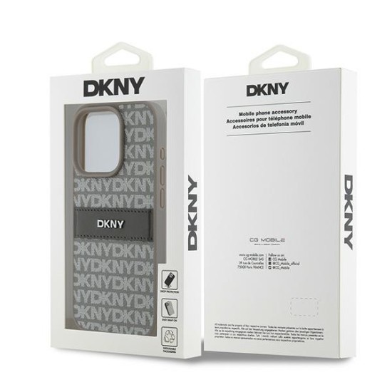 Husa iPhone 15 Pro - DKNY Leather Mono Stripe & Metal Logo (DKHCP15LPRTHSLE) - Beige