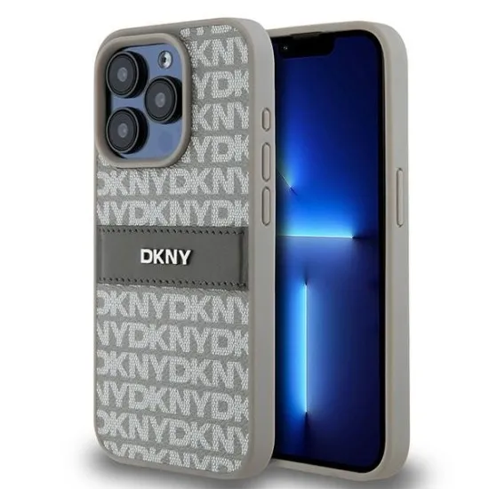 Husa iPhone 15 Pro - DKNY Leather Mono Stripe & Metal Logo (DKHCP15LPRTHSLE) - Beige Husa iPhone 15 Pro - DKNY Leather Mono Stripe & Metal Logo (DKHCP15LPRTHSLE) - Beige