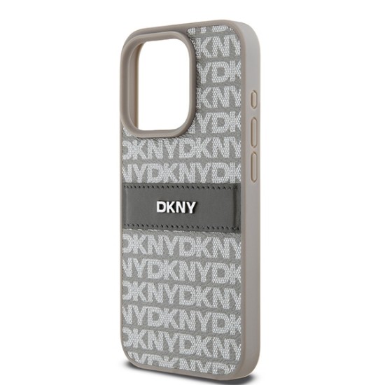 Husa iPhone 15 Pro - DKNY Leather Mono Stripe & Metal Logo (DKHCP15LPRTHSLE) - Beige