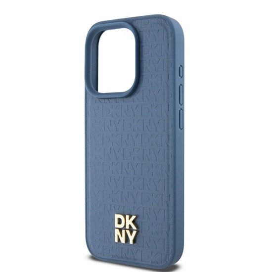 Husa iPhone 15 Pro - DKNY Leather Monogram Pattern Metal Logo MagSafe (DKHMP15LPSHRPSB) - Blue