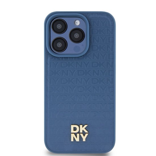 Husa iPhone 15 Pro - DKNY Leather Monogram Pattern Metal Logo MagSafe (DKHMP15LPSHRPSB) - Blue