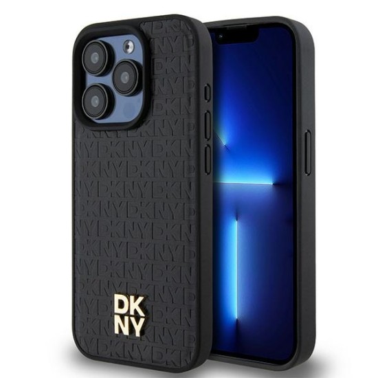 Husa iPhone 15 Pro - DKNY Leather Pattern Monogram Metal Logo MagSafe (DKHMP15LPSHRPSK) - Black