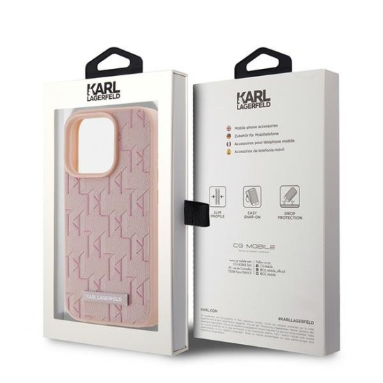 Husa iPhone 15 Pro - Karl Lagerfeld Leather MagSafe (KLHMP15LPKHPORPP) - Pink Monogram Metal Logo