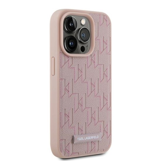 Husa iPhone 15 Pro - Karl Lagerfeld Leather MagSafe (KLHMP15LPKHPORPP) - Pink Monogram Metal Logo