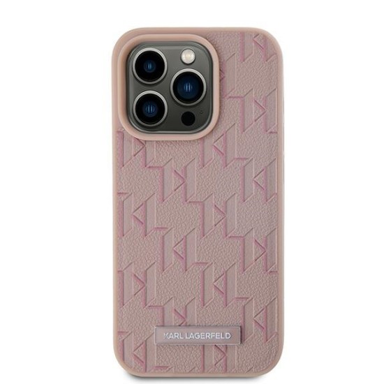 Husa iPhone 15 Pro - Karl Lagerfeld Leather MagSafe (KLHMP15LPKHPORPP) - Pink Monogram Metal Logo