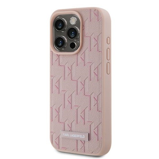 Husa iPhone 15 Pro - Karl Lagerfeld Leather MagSafe (KLHMP15LPKHPORPP) - Pink Monogram Metal Logo