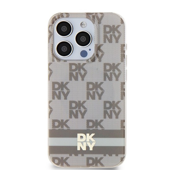 Husa iPhone 15 Pro Max - DKNY IML Checkered Mono Pattern & Printed Stripes MagSafe (DKHMP15XHCPTSE) - Beige