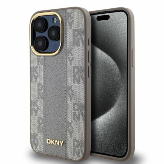 Husa iPhone 15 Pro Max - DKNY Leather Checkered Mono Pattern MagSafe (DKHMP15XPCPVSLE) - Beige