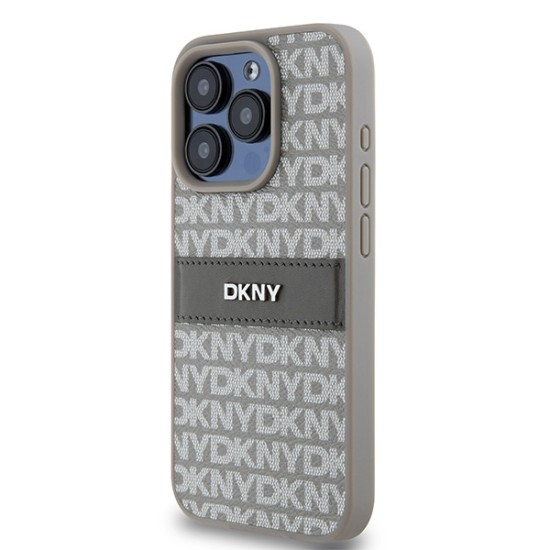 Husa iPhone 15 Pro Max - DKNY Leather Mono Stripe & Metal Logo (DKHCP15XPRTHSLE) - Beige