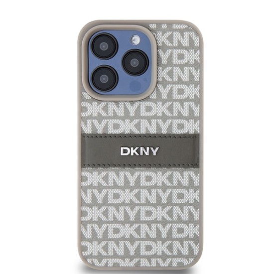 Husa iPhone 15 Pro Max - DKNY Leather Mono Stripe & Metal Logo (DKHCP15XPRTHSLE) - Beige