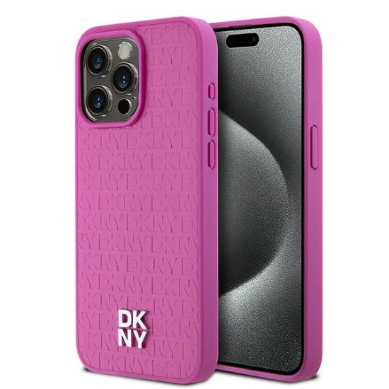 Husa iPhone 15 Pro Max - DKNY Leather Monogram Pattern Metal Logo MagSafe (DKHMP15XPSHRPSP) - Pink