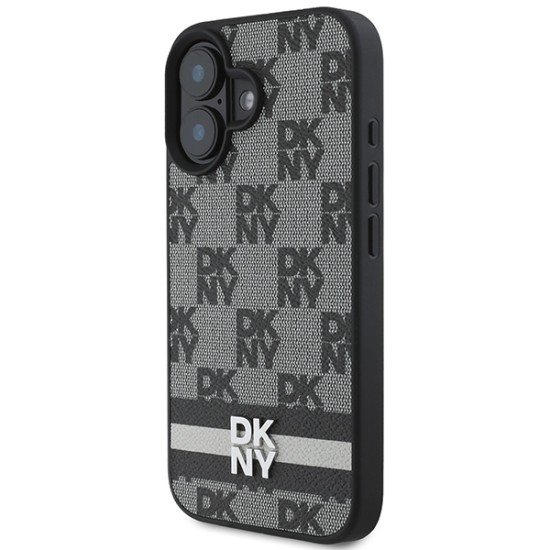 Husa iPhone 16 - DKNY Leather Hardcase Checkered Pattern & Printed Stripes(DKHCP16SPCPTSSK) - Black